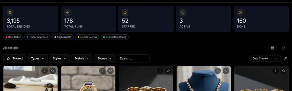 Burnish Pro design gallery with AI-generated jewelry variations