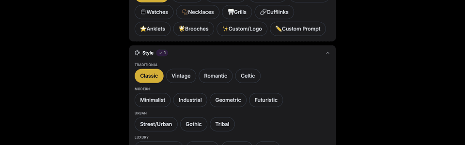 Burnish Pro run creation with jewelry type and style selection