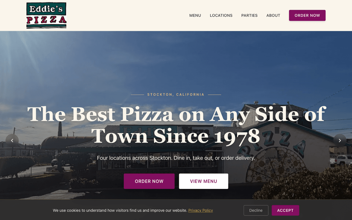 Eddie's Pizza website homepage