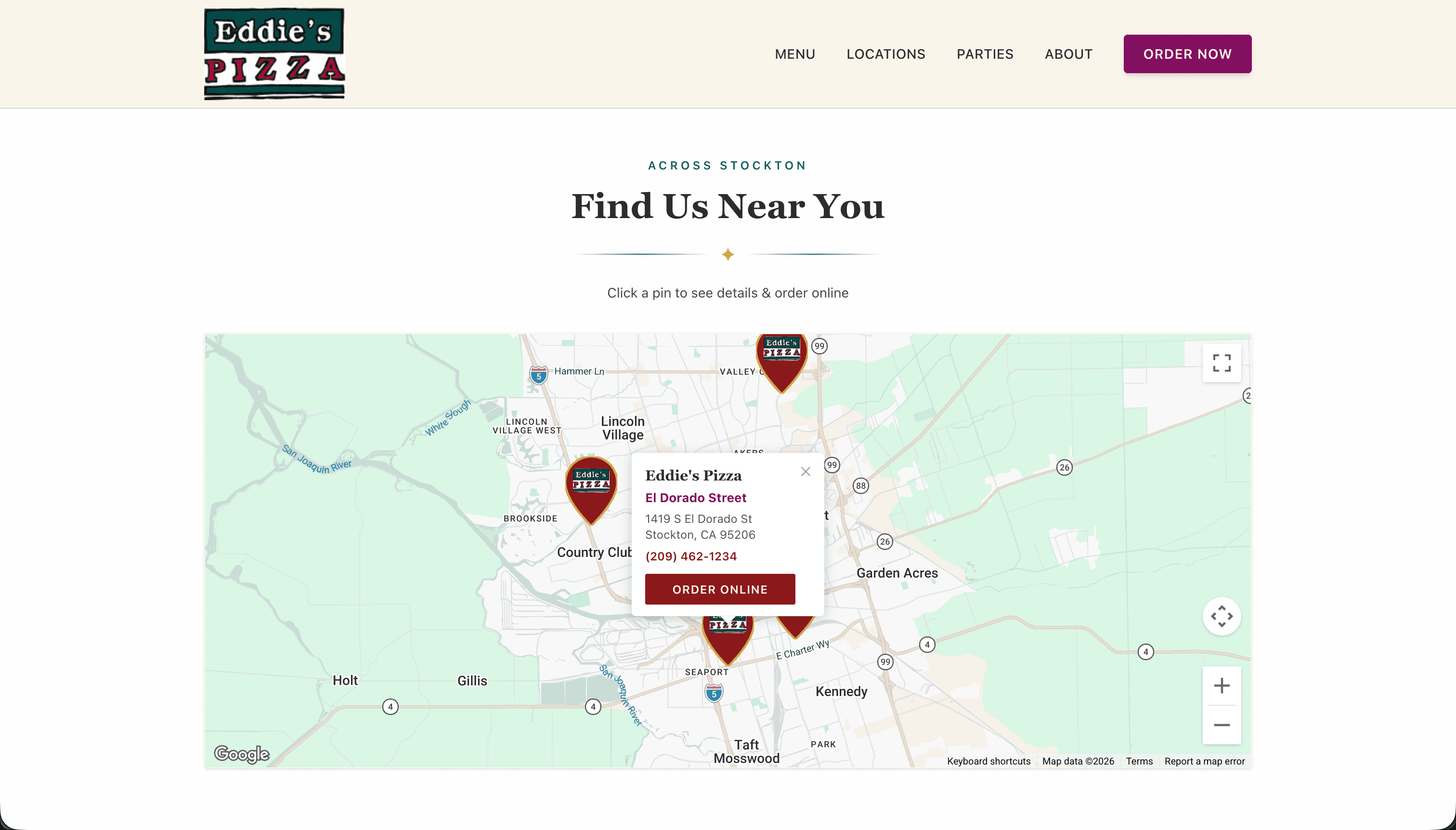 Custom Google Maps integration showing all four Eddie's Pizza locations across Stockton